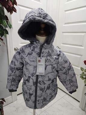 Swiss Tech Gray Dinosaur-Print Hooded Puffer Jacket